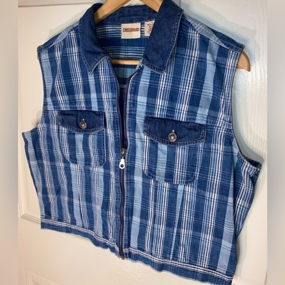Crossroads Women's Denim Vest, Plaid, Size Large, 90s Vintage Jean Vest Y2K